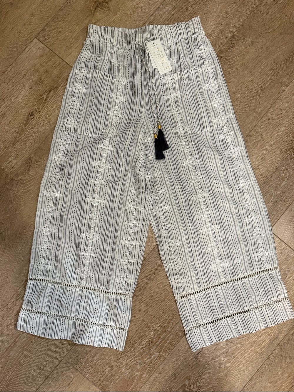 L*Space Swim Coverup White & Gray Embroidered Wide Leg Crop Pants